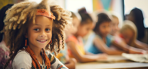  children smiling in classroom of international school