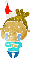 hand drawn retro cartoon of a crying woman wearing santa hat
