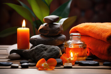 Obraz na płótnie Canvas Spa composition with orange essential oil, candles and towels