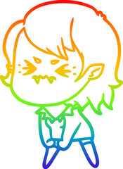 rainbow gradient line drawing of a annoyed cartoon vampire girl