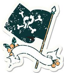 worn old sticker with banner of a pirate flag