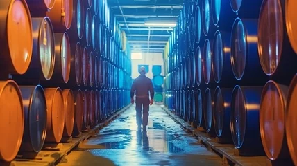 Tuinposter Worker inspects oil barrels in blue stock. © JKLoma