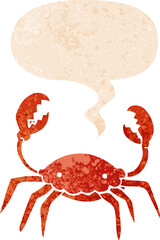 cartoon crab with speech bubble in grunge distressed retro textured style
