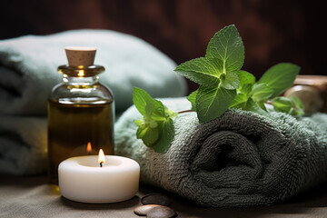 Spa composition with mint essential oil, candles and towels