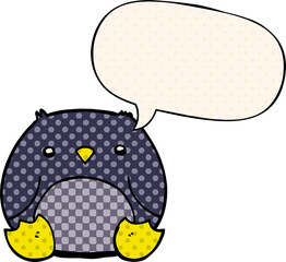 cartoon penguin with speech bubble in comic book style