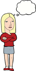 cartoon woman with folded arms with thought bubble