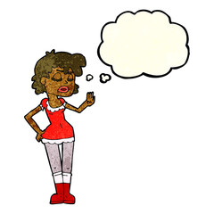 cartoon woman making dismissive gesture with thought bubble