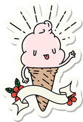 sticker of a tattoo style ice cream character waving