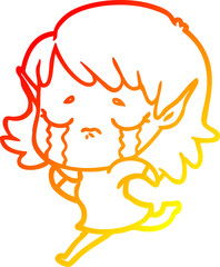 warm gradient line drawing of a cartoon crying elf girl