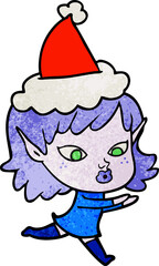 pretty hand drawn textured cartoon of a elf girl wearing santa hat