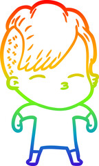 rainbow gradient line drawing of a cartoon squinting girl