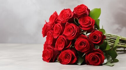 big bouquet of fresh red roses on light background, banner, copy space