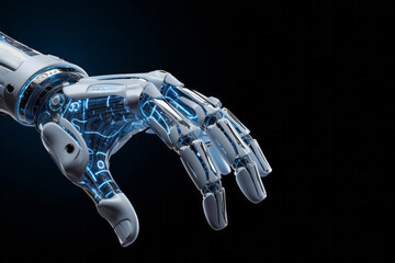 Highly detailed robotic hand arm with transparent blue circuits on a dark background. Future technology concpet