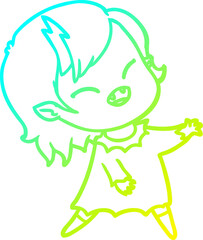 cold gradient line drawing of a cartoon laughing vampire girl