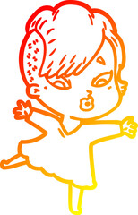 warm gradient line drawing of a cartoon surprised girl in black dress