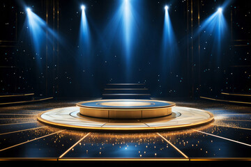 Empty golden stage with blue accents shines under a celestial array, ready for a performance to begin. Night show concept