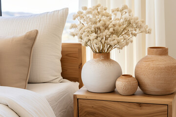 Neutral Scandi-style interior with hygge furniture in the bedroom. Linen bed or bedding. Close up interior details photo. Dried flowers in a vase for interior decoration.