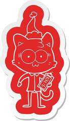 quirky cartoon  sticker of a surprised office worker cat wearing santa hat