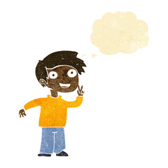 cartoon boy posing for photo with thought bubble