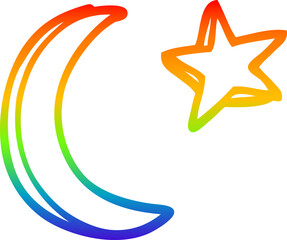 rainbow gradient line drawing of a cartoon moon and star shape