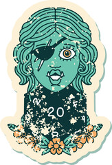 Retro Tattoo Style half orc rogue with natural 20 dice roll