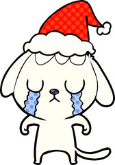 cute hand drawn comic book style illustration of a dog crying wearing santa hat