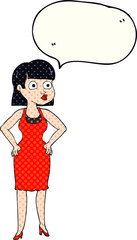 freehand drawn comic book speech bubble cartoon woman in dress with hands on hips