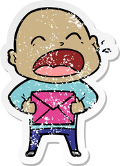 distressed sticker of a cartoon shouting bald man