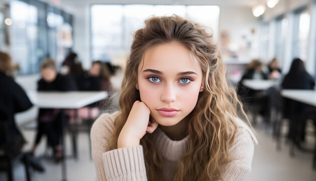 teen girl in modern classroom.