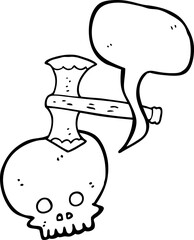 freehand drawn speech bubble cartoon axe in skull