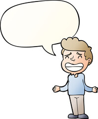 cartoon boy shrugging with speech bubble in smooth gradient style