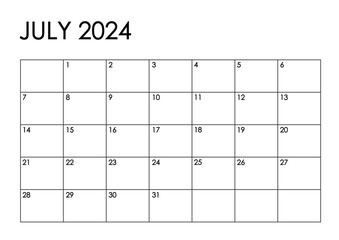 July 2024 month calendar. Simple black and white design