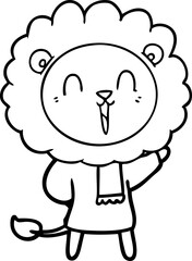 laughing lion cartoon in winter clothes