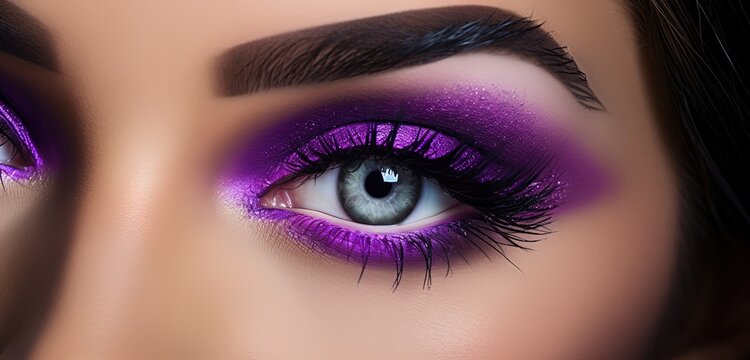 close up woman eyes wearing make up purple fantasy carnival style, Generative Ai