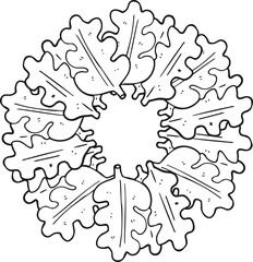 freehand drawn black and white cartoon oak leaves in a ring