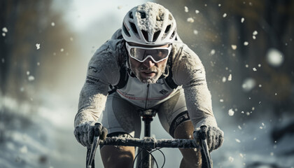 Snow-covered cyclist in white winter landscape, helmet and jersey blending with snow.