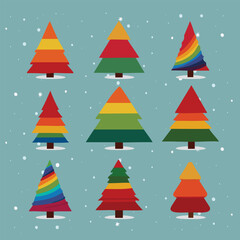 A festive ensemble comprising precisely 9 adorable rainbow Christmas pine trees, each exuding charm and merriment.