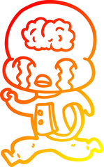 warm gradient line drawing of a cartoon big brain alien crying running