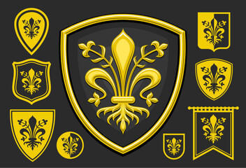 Vector Florence Emblem Set, horizontal poster with lot collection of 9 isolated illustrations of dark and yellow florence coat of arms, decorative flag with group of art historical florentine crests - obrazy, fototapety, plakaty
