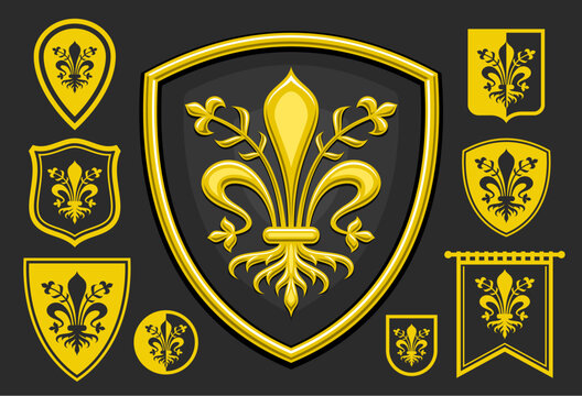 Vector Florence Emblem Set, horizontal poster with lot collection of 9 isolated illustrations of dark and yellow florence coat of arms, decorative flag with group of art historical florentine crests