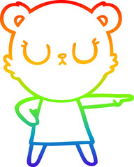 rainbow gradient line drawing of a peaceful cartoon bear in dress pointing