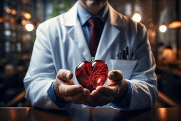 Cropped image of male doctor in white coat holding heart in his hands