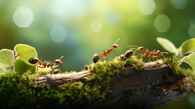 Ants On A Grassy Ground With Sunlight Background.AI Generative 