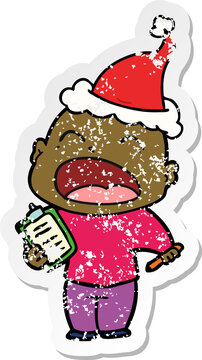 hand drawn distressed sticker cartoon of a shouting bald man wearing santa hat