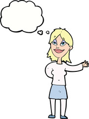 cartoon woman gesturing to show something with thought bubble