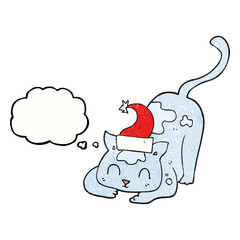 freehand drawn thought bubble textured cartoon cat wearing christmas hat