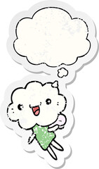 cartoon cloud head creature with thought bubble as a distressed worn sticker