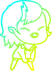 cold gradient line drawing of a cartoon laughing vampire girl