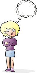 cartoon woman wit crossed arms with thought bubble