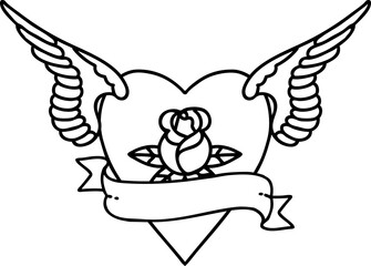 tattoo in black line style of heart with wings a rose and banner
